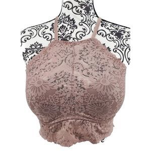 Victoria’s Secret Pink Lace Bralette Halter Strappy Size Medium Tan Nice